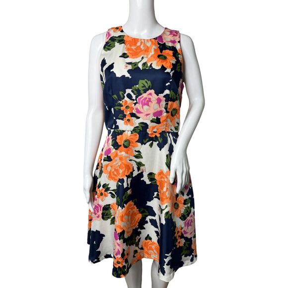 Donna Morgan Dress Women 6 Navy Orange Floral Flower Fit & Flare Colorful Preppy - Picture 1 of 8